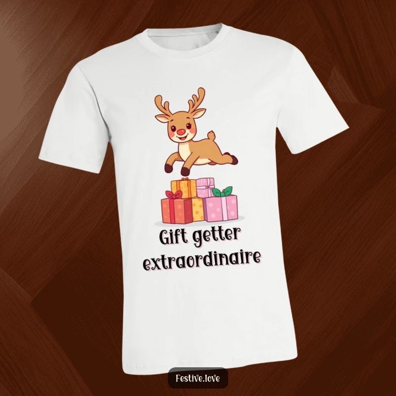 Funny t-shirt with a cheerful reindeer character mid-leap over a pile of Christmas presents, radiating pure joy and holiday spirit.