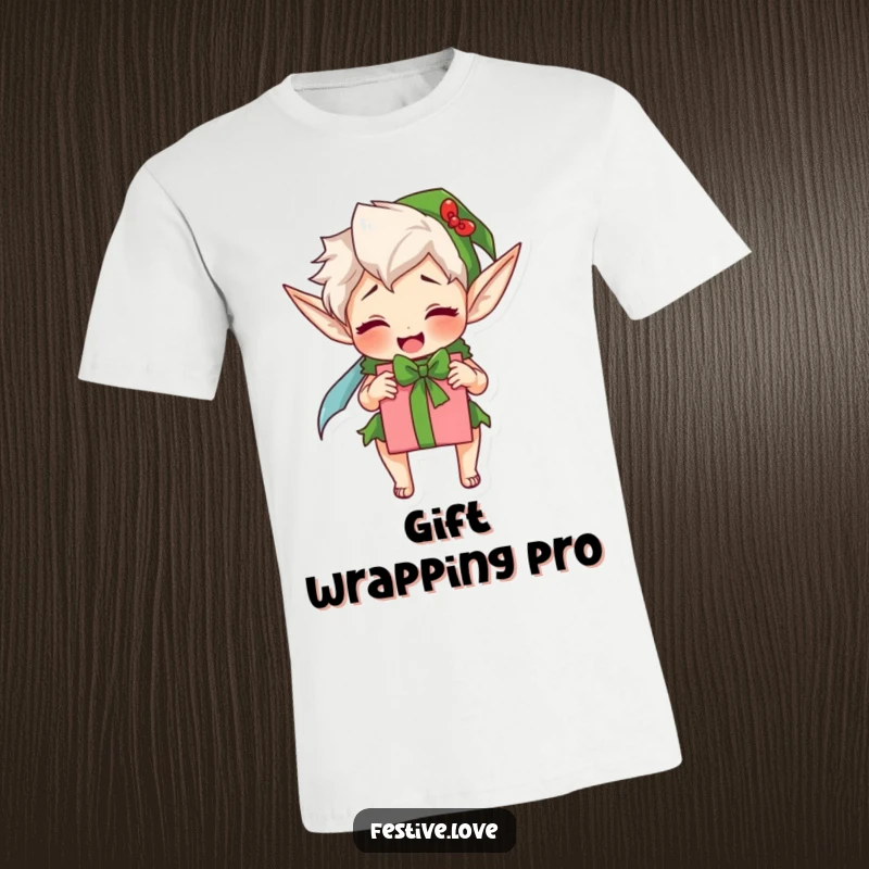 Funny elf t-shirt, an energetic character eagerly wrapping a gift, perfect for the busy holiday season.