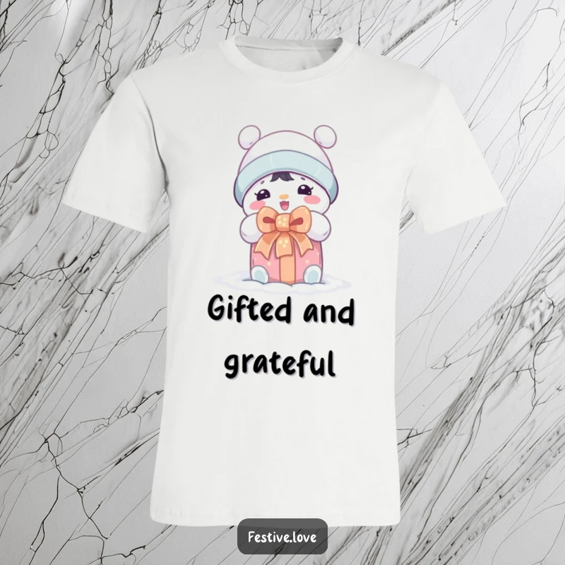 Funny t-shirt featuring a lovable snowman character gleefully unwrapping a brightly wrapped gift with a bow.