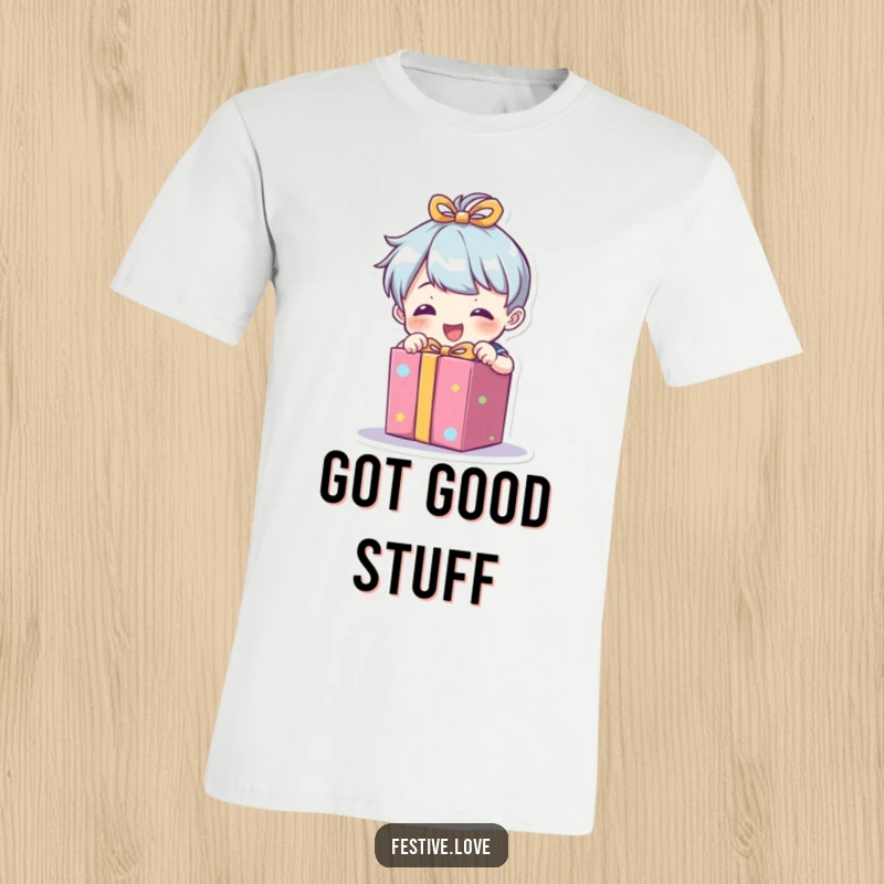 Funny t-shirt depicting a little character enthusiastically unwrapping a brightly colored present, celebrating the joy of gifts.