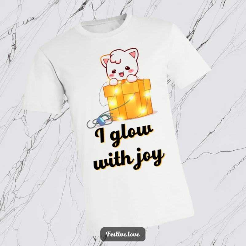 Funny t-shirt with a bright, blinking string light character playfully wrapping a gift box, radiating festive energy and holiday cheer.