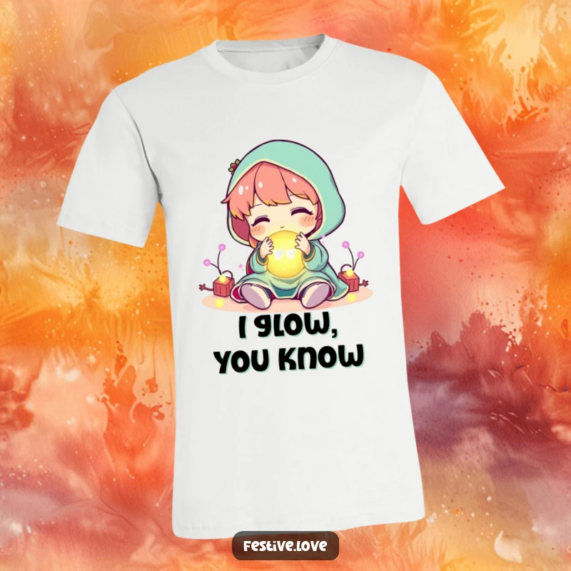 Funny character playing with a ball of glowing, festive lights, on a t-shirt, a humorous and radiant apparel gift.