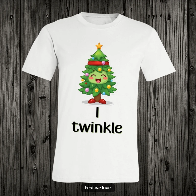 Funny Christmas tree t-shirt, a character sparkling with ornaments and lights, embodying pure holiday joy.