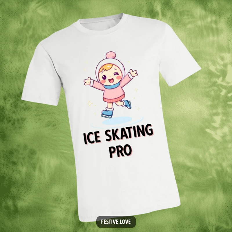 Funny t-shirt depicting a happy character ice skating with arms outstretched, kicking up sparkly ice, celebrating winter fun.
