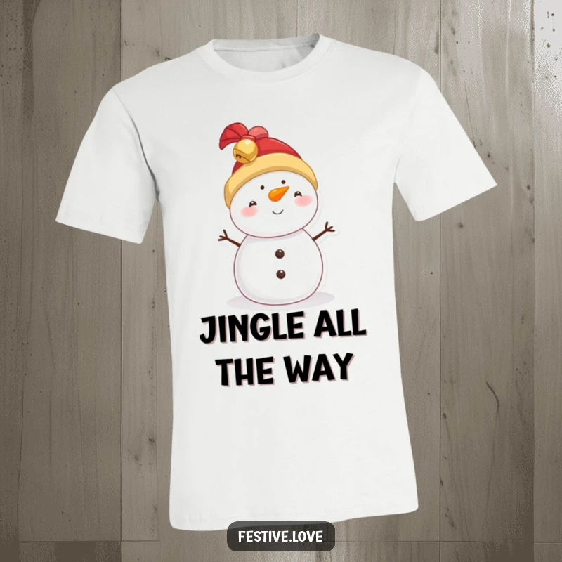 Funny snowman t-shirt, a cheerful character sporting a hat adorned with jingly bells for a festive vibe.