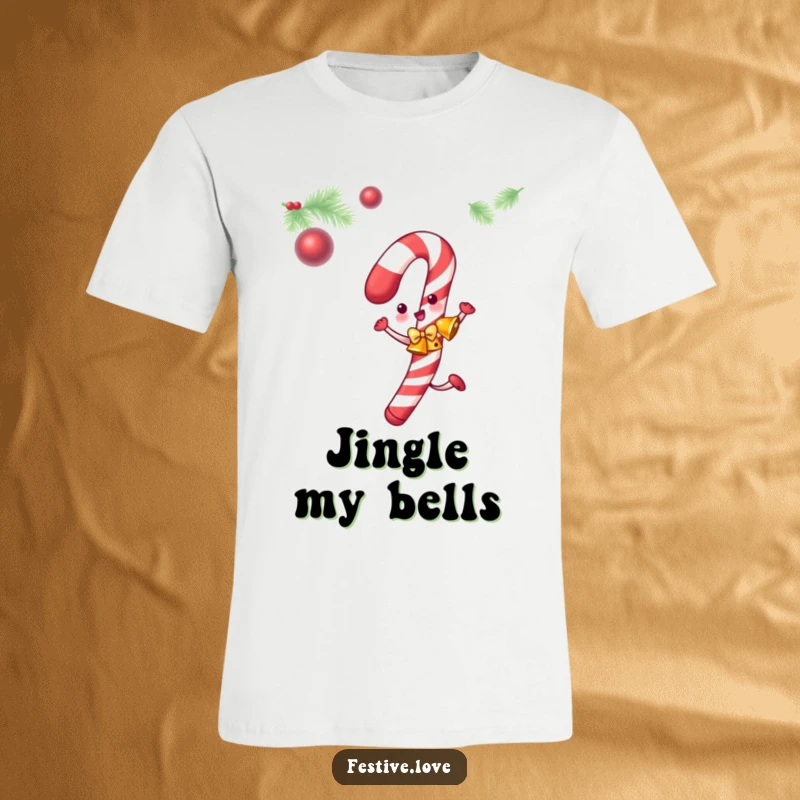 Funny candy cane t-shirt showing a dancing candy cane with jingle bells, perfect for spreading holiday cheer.