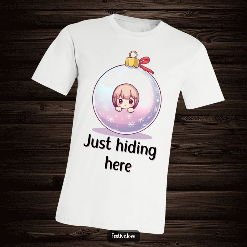 Funny t-shirt showcasing a small, adorable character peeking playfully from behind a giant, glittering Christmas ornament, exuding holiday mischief and cheer.