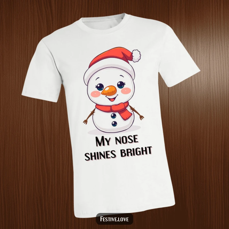 Funny t-shirt graphic of a happy snowman character with a distinctly glowing carrot nose and twig arms.