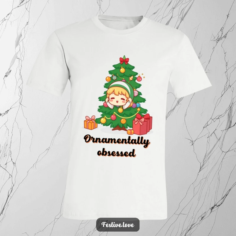 Funny t-shirt with a joyful character hanging ornaments on a Christmas tree, capturing the fun and excitement of holiday decorating.