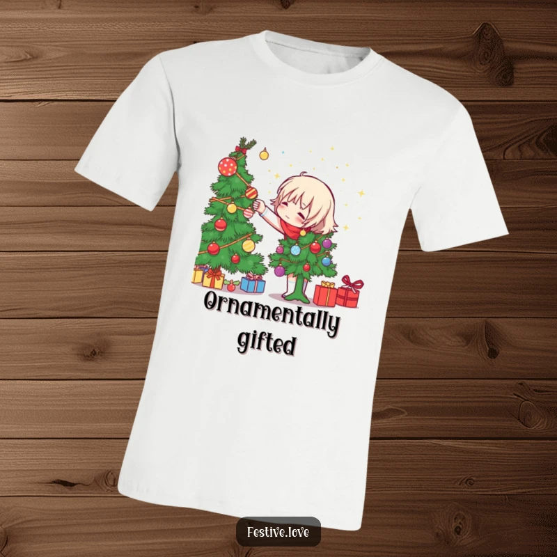 Funny character decorating a Christmas tree, throwing sparkly ornaments with abandon, on a t-shirt, a fun holiday apparel gift.