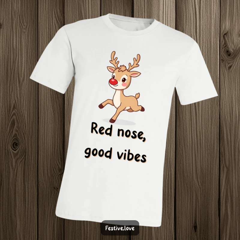 Funny reindeer t-shirt with a playful character prancing with a twinkling red nose, great festive apparel.