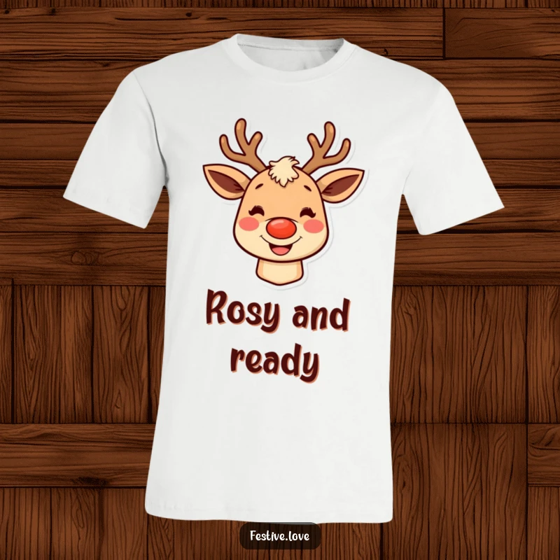 Funny reindeer t-shirt, a character with rosy cheeks and a wide grin, embodying holiday cheer and festive fun.