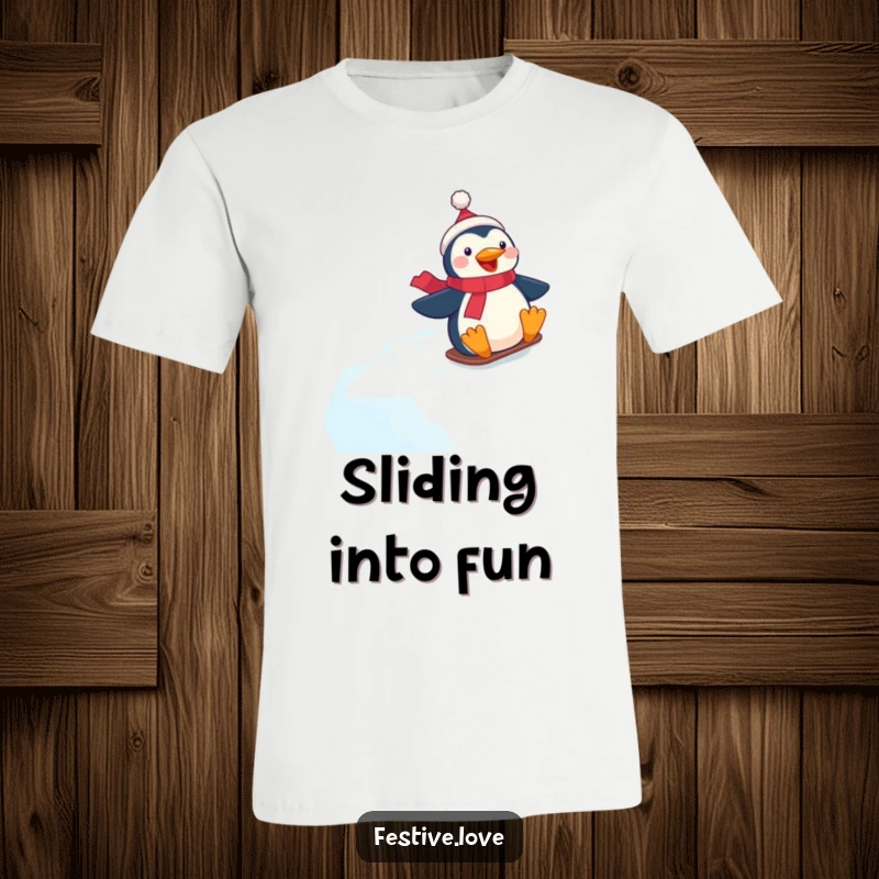Funny t-shirt illustration of an excited penguin character racing down an icy slope with a huge smile.