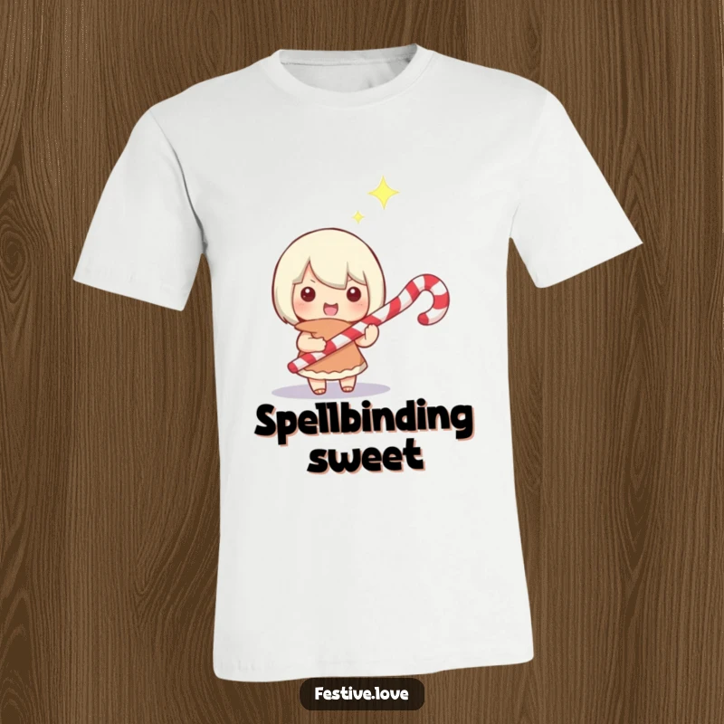 Funny t-shirt featuring a small character using a candy cane as a magical wand, with a happy, twinkling expression, embodying holiday magic.