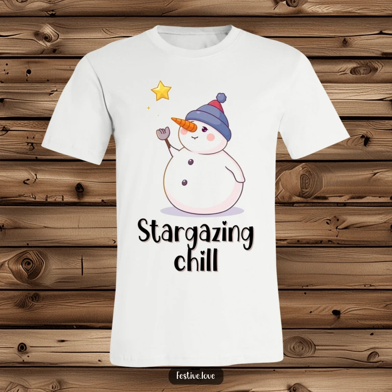 Funny snowman t-shirt with a cheerful snowman gazing at a falling star, representing winter magic.