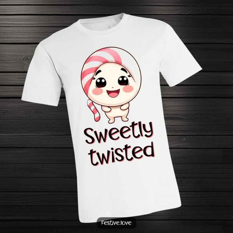 Funny candy cane character t-shirt bent into a joyful smile, embodying playful holiday spirit and sweetness. Ideal for festivities.
