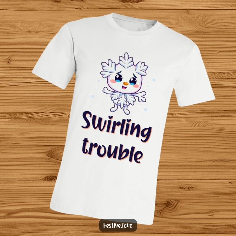 Funny snowflake character t-shirt creating a tiny swirl, depicting winter fun and playful mischief. Embrace the cold with a smile.