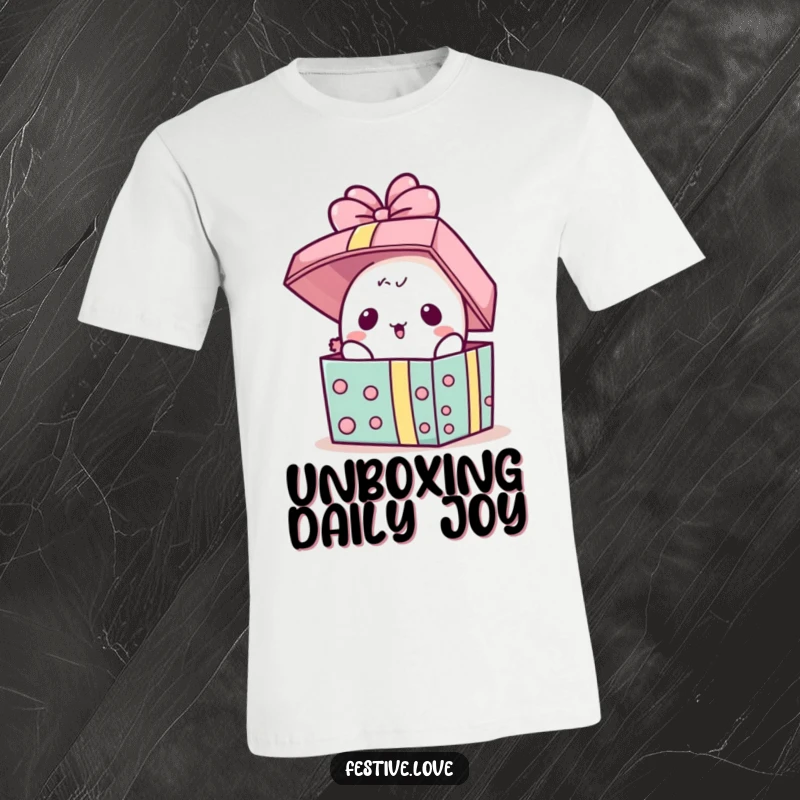 Funny T-Shirt: A kawaii present character is shown popping its lid open in a moment of joyful surprise.