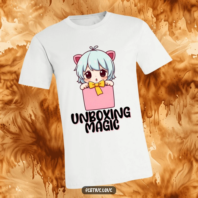 Funny character t-shirt unwrapping a gift box, surprised expression, bright colors, hilarious reaction, perfect funny gift.