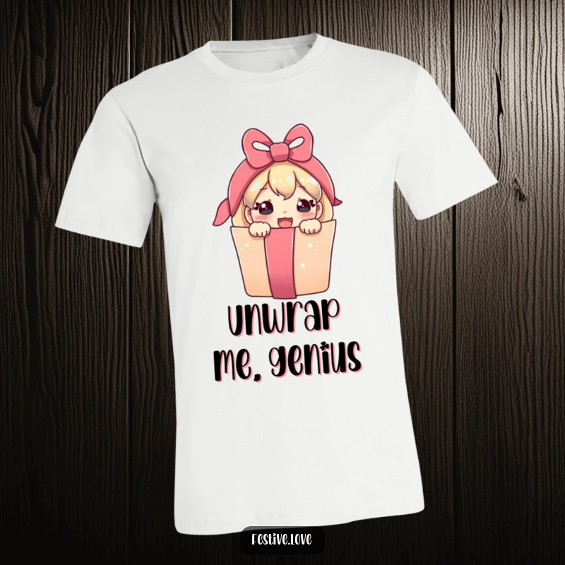 Funny t-shirt with a happy, cute present character peeking from a vibrant ribbon, radiating pure joy and excitement.