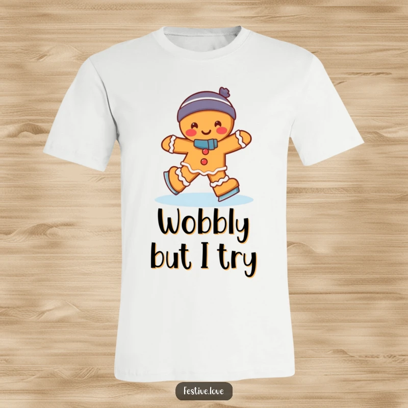 Funny gingerbread man ice skating with a cheerful wobble, depicted on a t-shirt, a hilarious and festive wearable gift.