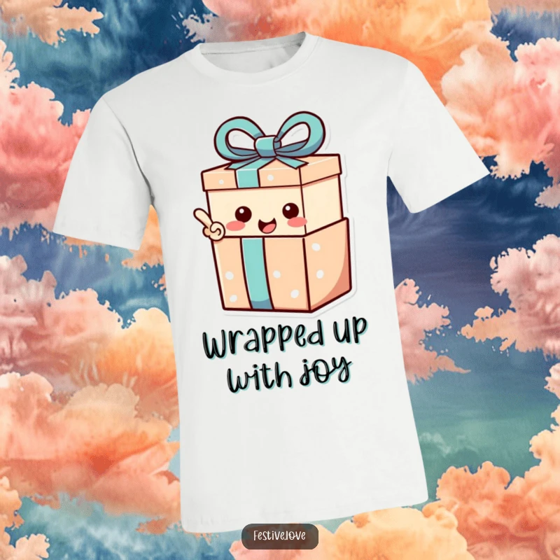 Funny T-Shirt: A gift box character bursting with excitement, marked by a happy exclamation point.