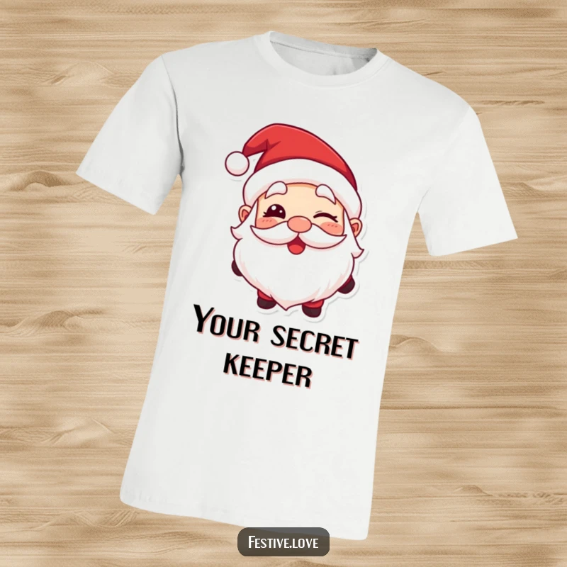Funny t-shirt featuring Santa Claus with a prominent, happy wink, embodying holiday fun and playful spirit.