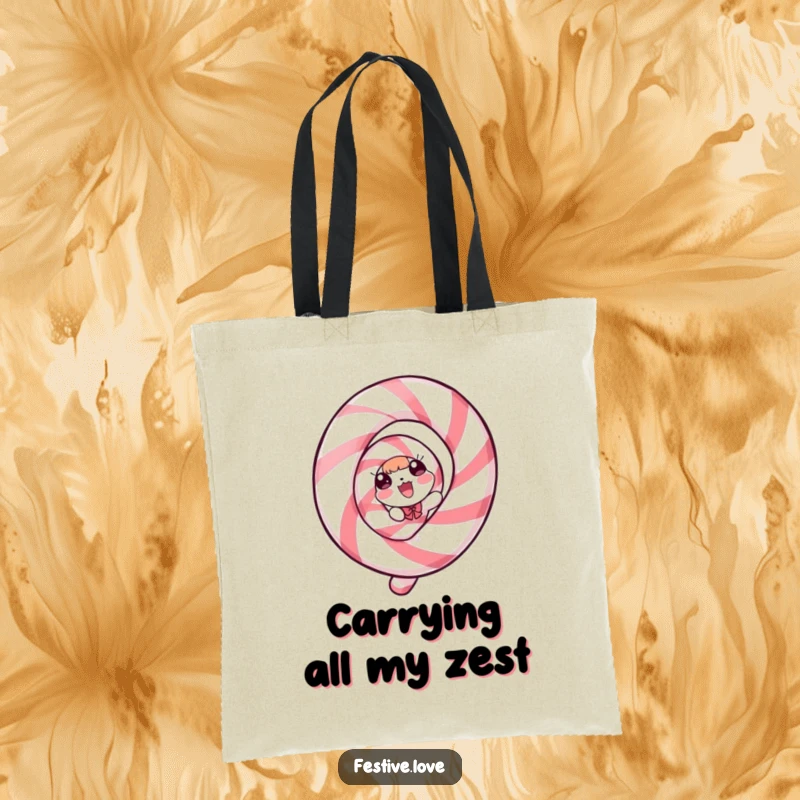 Funny Tote Bag: A candy cane character spiraling with delight, perfect for everyday festive errands.