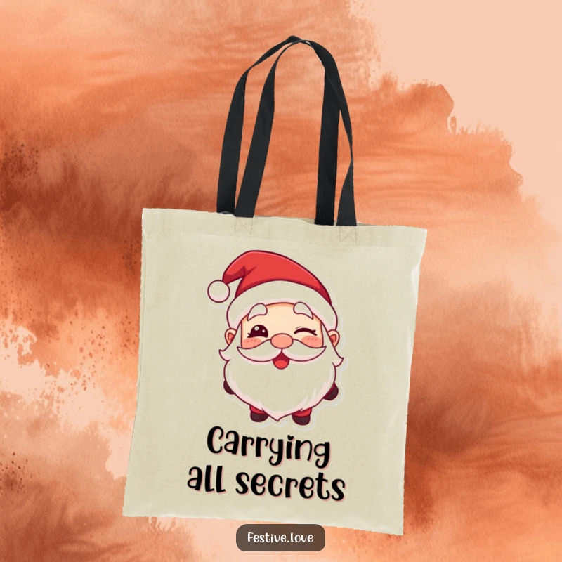 Funny tote bag featuring Santa Claus giving a big, cheerful wink, perfect for holiday shopping.