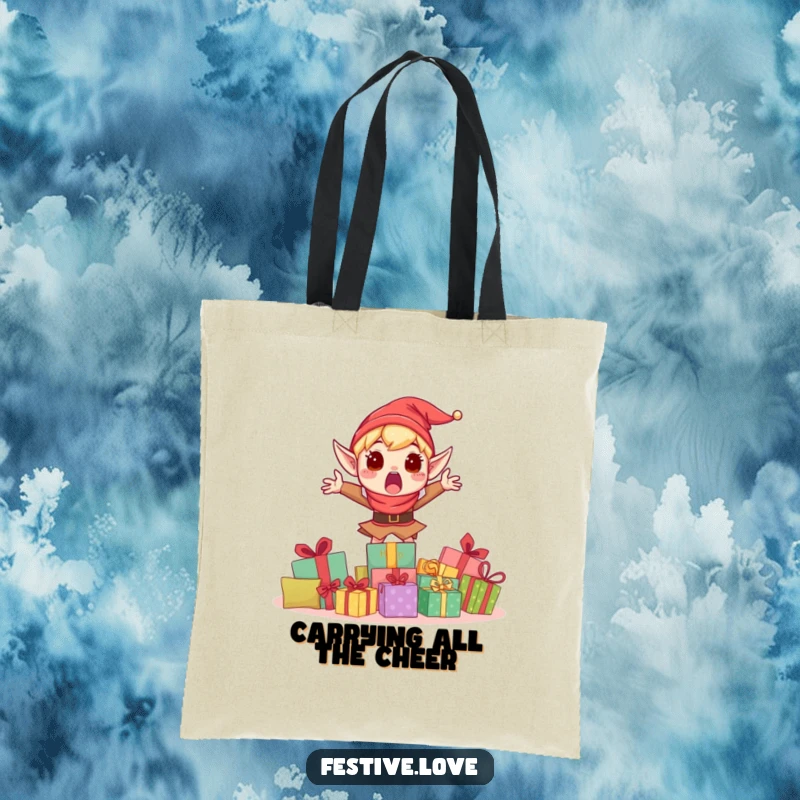 Funny tote bag displaying a shocked elf character jumping with excitement behind a massive pile of holiday gifts.