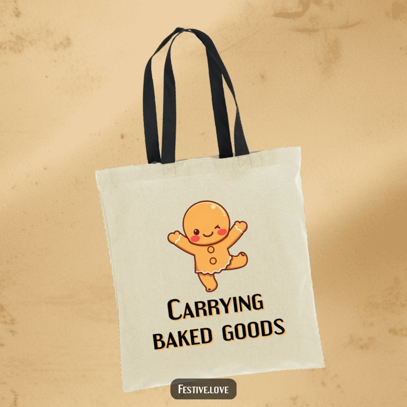 Funny gingerbread dance tote bag with a cute cartoon gingerbread character doing a joyful dance, perfect for carrying treats and gifts.