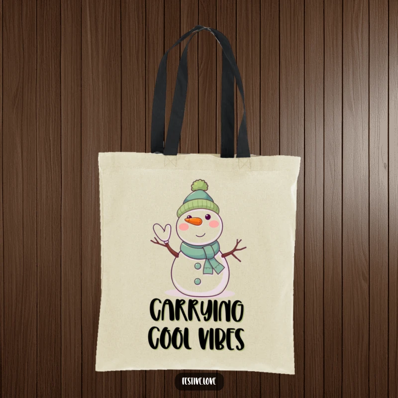Funny snowman tote bag with a jolly character waving happily with twig arms and a carrot nose, great for shopping.
