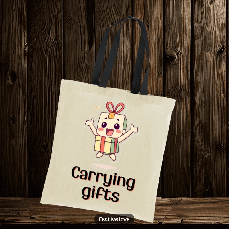 Funny little present character tote bag bouncing with joy, ideal for carrying essentials with a celebratory and excited vibe.