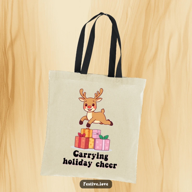 Funny tote bag featuring a spirited reindeer character leaping exuberantly over a pile of wrapped Christmas presents, perfect for holiday shopping.
