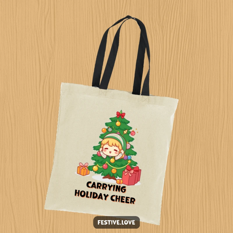 Funny tote bag showcasing a character enthusiastically decorating a Christmas tree, perfect for carrying holiday gifts and spreading festive vibes.