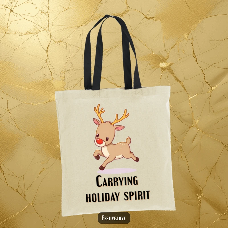 Funny kawaii reindeer with twinkling antlers, prancing gleefully, printed on a durable and festive tote bag.