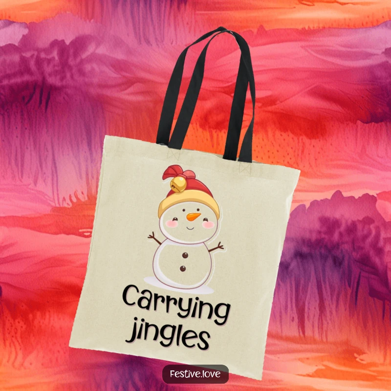 Funny snowman tote bag, a charming character wearing a jingly bell hat, ideal for carrying holiday goodies.