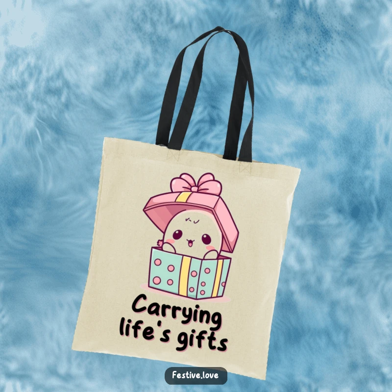 Funny Tote Bag: A kawaii present character pops its lid open in surprise, making this bag a fun and humorous accessory.