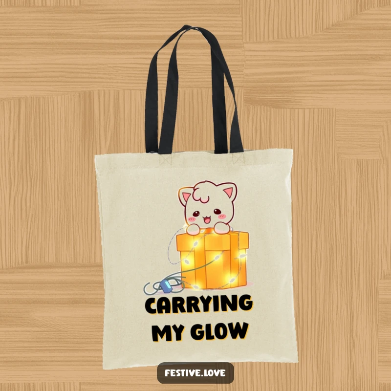 Funny tote bag with a bright, blinking string light character playfully wrapping a gift box, perfect for festive shopping and errands.