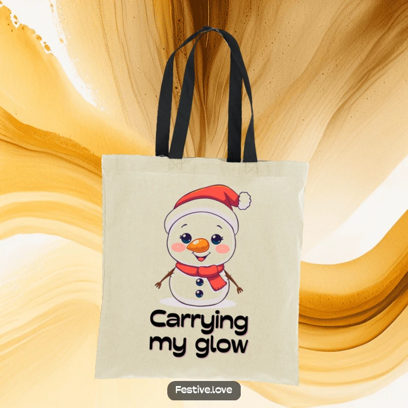 Funny tote bag design showing a jolly snowman character with a brightly glowing carrot nose and a cheerful expression.