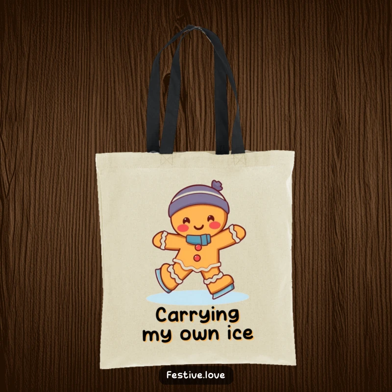 Funny gingerbread man ice skating with a cheerful wobble, illustrated on a tote bag, a humorous and practical holiday accessory.