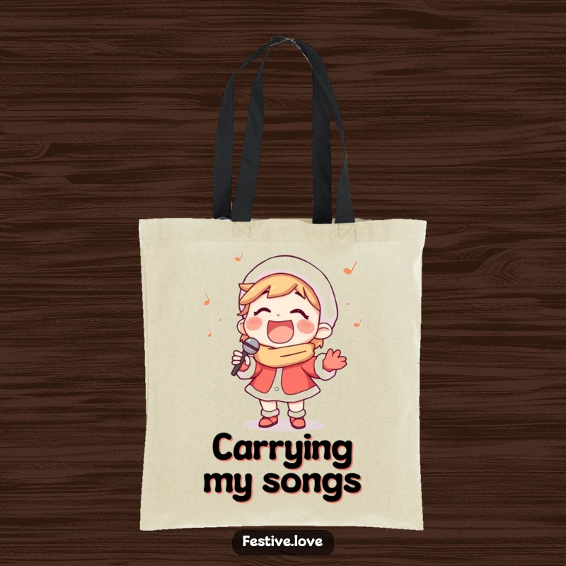 Funny tote bag with a happy carol singer character belting out a tune with a wide smile, perfect for music lovers.