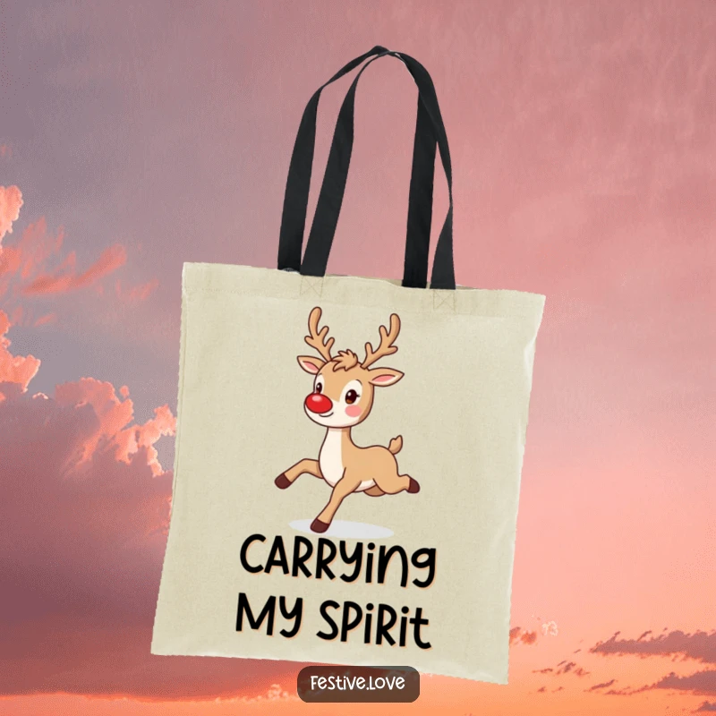 Funny reindeer tote bag with a playful character prancing with a twinkling red nose, great for shopping.