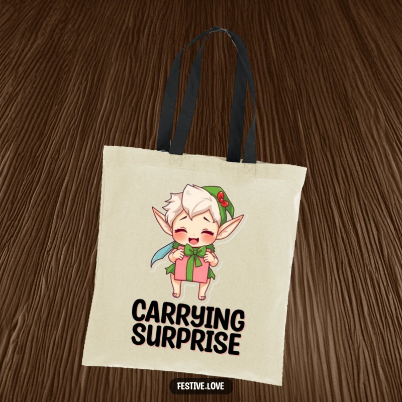 Funny elf tote bag, a character excitedly wrapping a gift, ideal for carrying holiday treats and supplies.