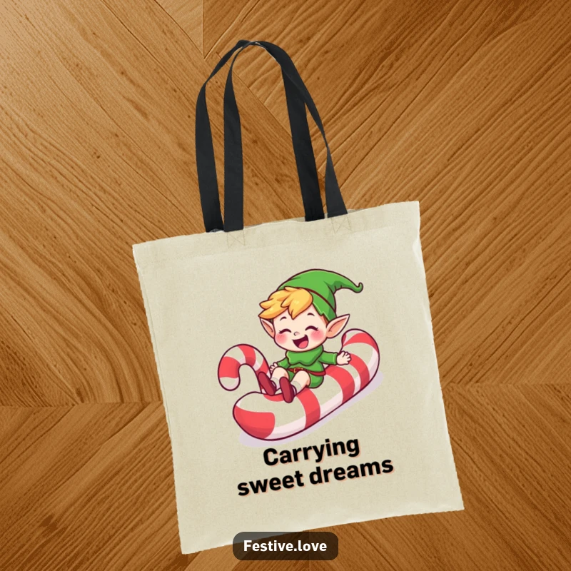 Funny happy elf character sliding down a candy cane with a grin, on a tote bag, a humorous and sweet accessory.