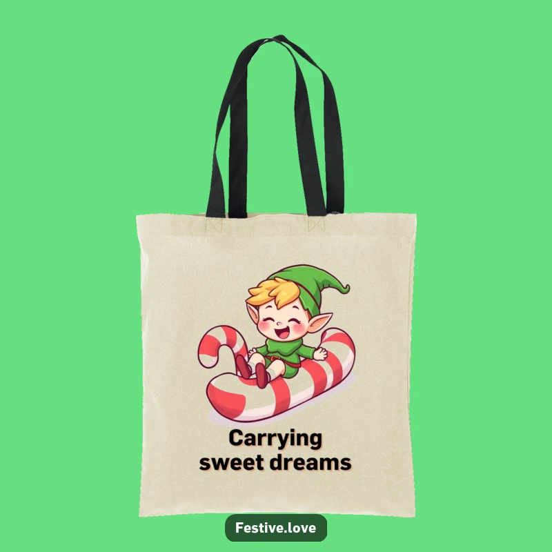 Funny Elf Candy Cane Slide Tote Bag: Carry Sweetness with this Grinning Gift!