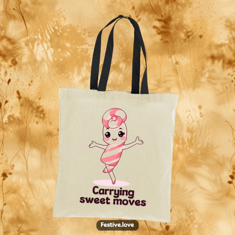 Funny kawaii candy cane tote bag, doing a playful pirouette, carrying holiday cheer, festive accessory.