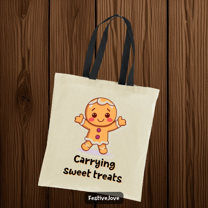 Funny gingerbread man tote bag with a smiling character dancing with frosting accents, great for shopping.