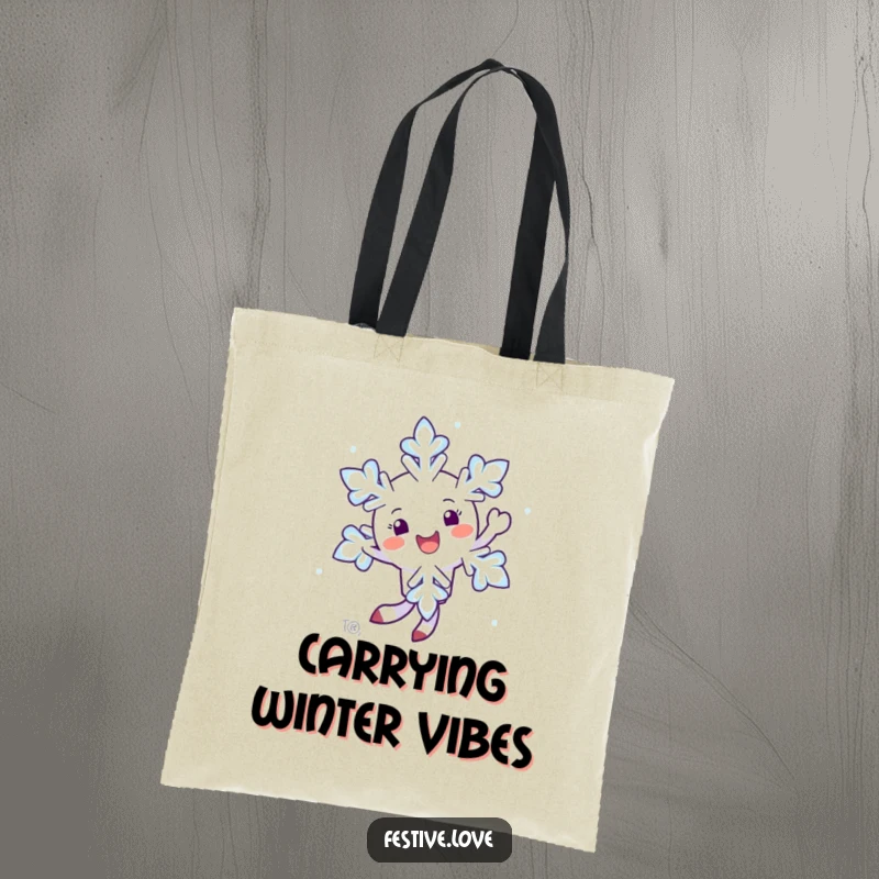 Funny tote bag with a happy snowflake character twirling in the air, a perfect accessory for winter lovers.