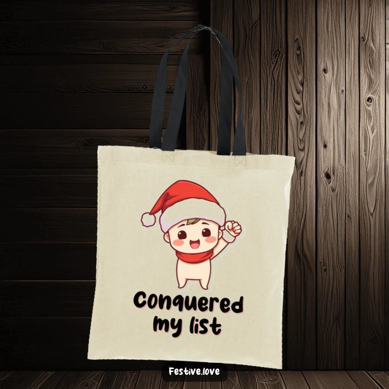 Funny tote bag with a character in a Santa hat triumphantly pumping their fist, celebrating holiday success and ready for errands.